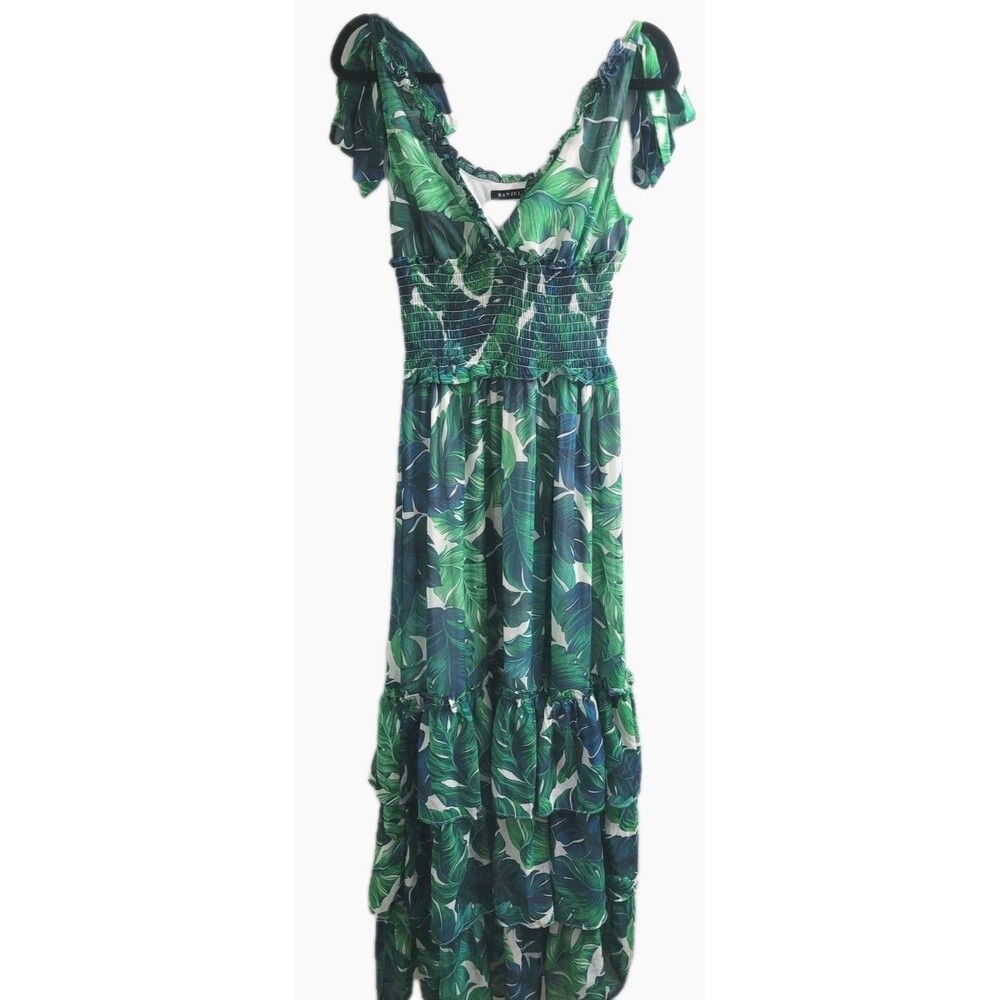 BANJUL Tropical Palm Leaf Maxi Dress Smocked Bodice Tie Strap Shoulder Tiered M